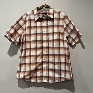 Marmot Shirt MENS‎ LARGE Orange Red Plaid Short Sleeve Button Up Organic Cotton